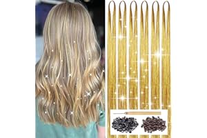 YOOONXI Gold Hair Tinsel Kit with Tool 6pcs 1200 Strands Glitter Tinsel Hair Extensions Heat Resistant Sparkling Shiny Fairy Hair Accessories for Women Girls Kids 47Inch