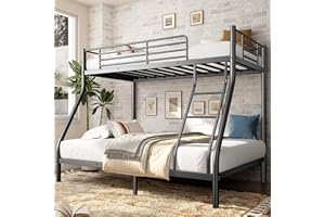 SogesSleep Bunk Beds Twin Over Full Size, Heavy Duty Metal Bunk Bed Frame with Angled Ladder for Teens and Adults, for Spaces-Saving, Smooth Rounded Edges, Noise Free & Easy Assembly, Black