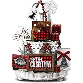 GlikCeil 20 Pcs Rustic Christmas Tiered Tray Decor Red and Black Buffalo Plaid Wooden Tiered Tray Decor for Farmhouse Christmas Winter Snowflake Wooden Table Centerpiece Sign Xmas Gift for Home Shelf