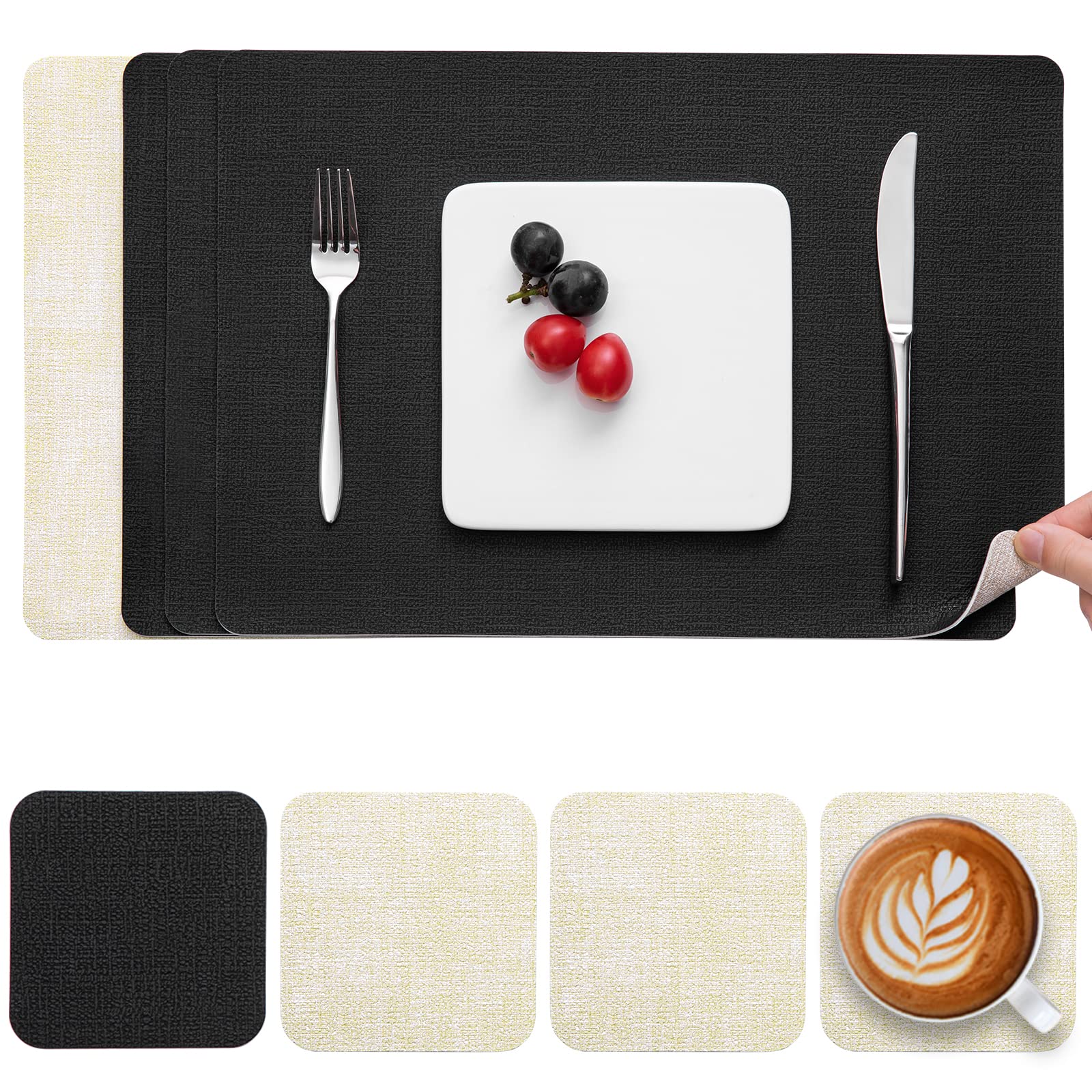 Myir JUN Placemats and Coasters Set of 4, Place Mats Dual Sided Faux Leather Table Mats PU Indoor Outdoor Heat Resistant Placemat Square Non Slip Wipeable Washable Dining Restaurant (Black Linen) — image 1