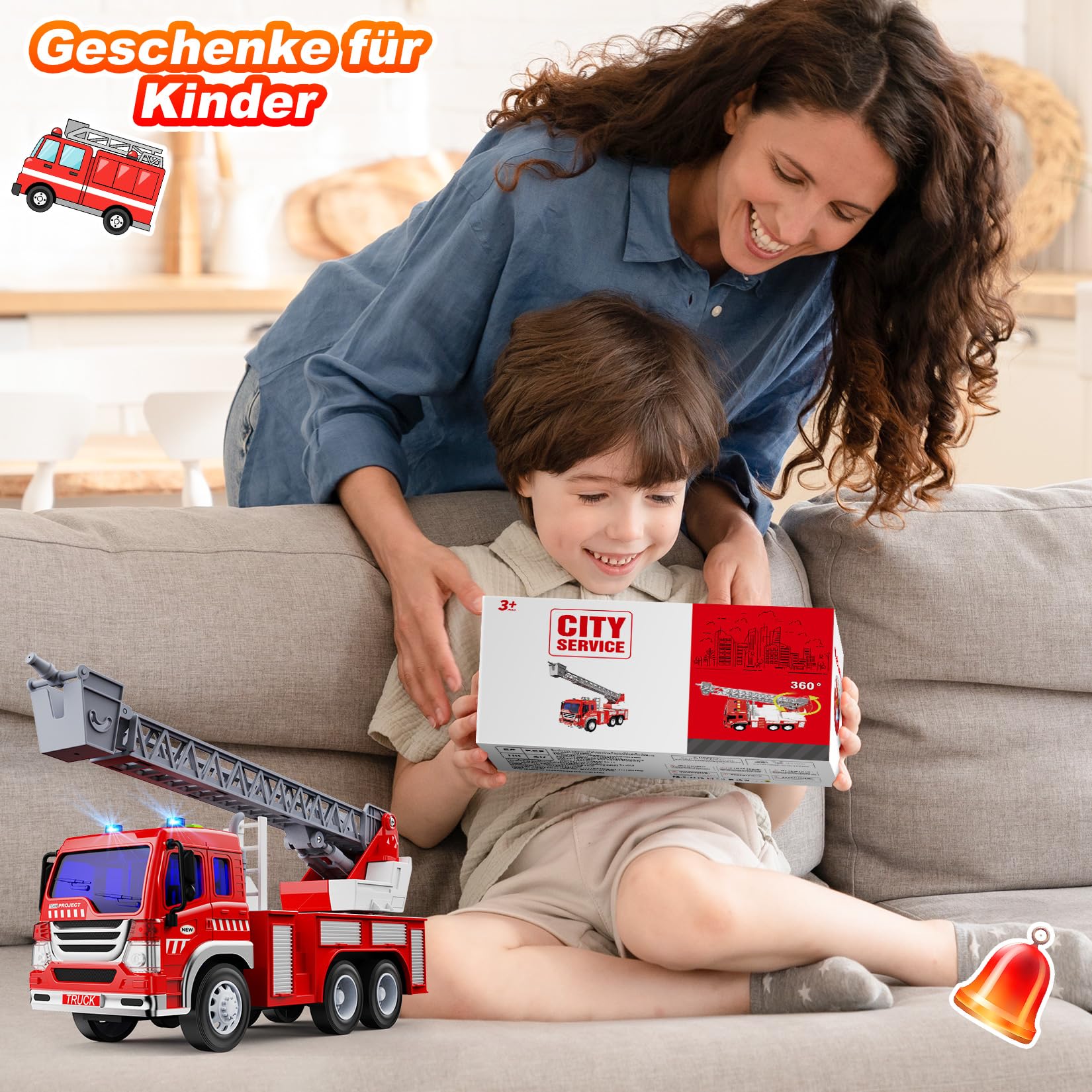 GizmoVine Feuerwehrauto Groß, Feuerwehr Auto Spielzeug mit Drehleiter, Sound und Licht, Große Spielzeugauto, Fire Truck Fahrzeuge, Geschenke für Jungen, Kinder Löschfahrzeug ab 3 4 5 6 7 8 Jahre 7