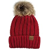 C.C Thick Cable Knit Faux Fuzzy Fur Pom Fleece Lined Skull Cap Cuff Beanie