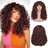 RunM Curly Wig with Bangs for Black Women Brown Long Curly Afro Wig Big Bouncy Fluffy Synthetic Fiber Glueless Hair for Cosplay and Daily 17 Inch