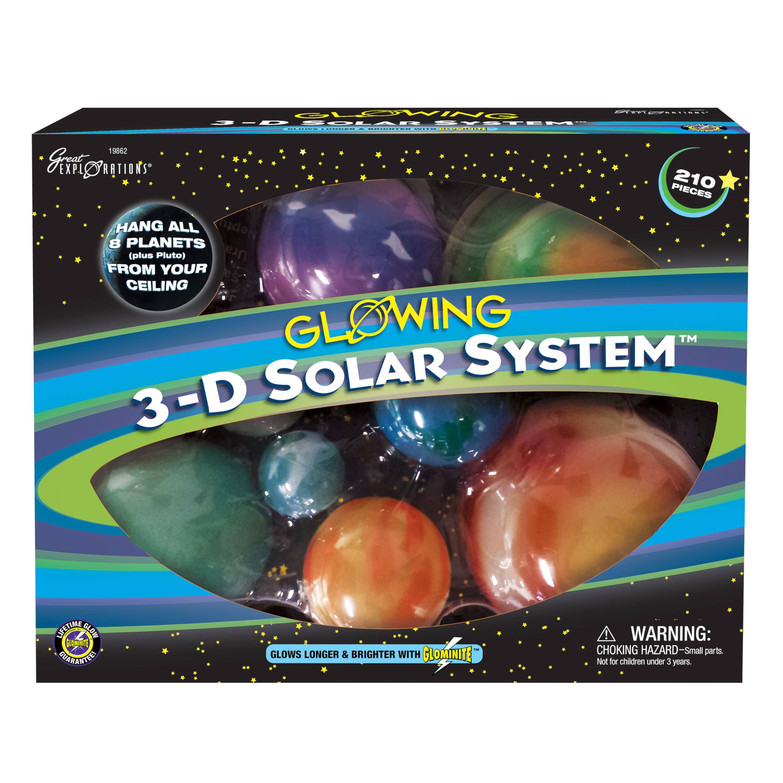Great Explorations, 3-D Solar System Glow In The Dark Ceiling Hanging Kit 3D Planets and Star Stickers Create the Milky Way Teach Science STEM