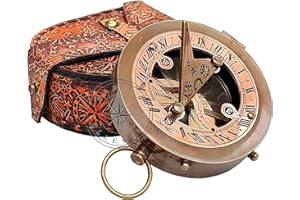 HANZLA COLLECTION 3" Brass & Copper Sundial Compass with Leather Case - Steampunk Accessory - Antiquated Finish - Beautiful Handmade Gift -Sundial Clock