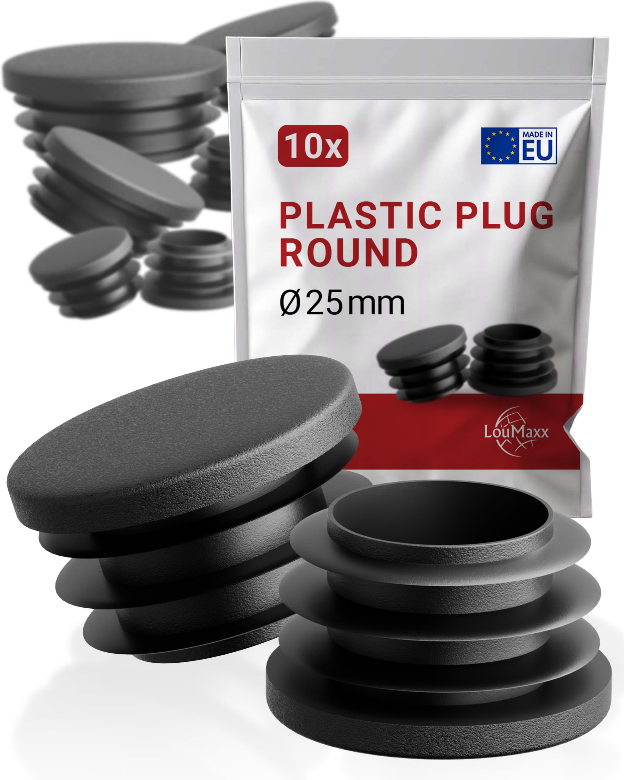 LouMaxx 25 mm Round Plugs (10) - Robust Plastic Pipe End Caps & Furniture Glides in Black - UV & Weather Resistant for Indoor & Outdoor Use