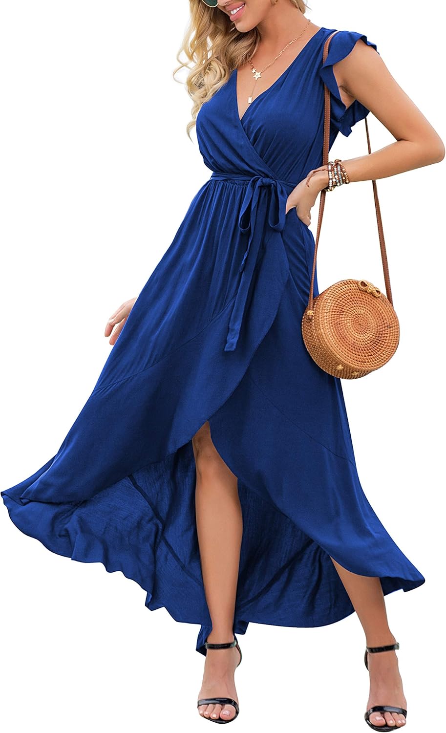GRECERELLE Women's Summer Floral Print Cross V Neck Dress Bohemian Flowy Long Maxi Dresses at  Women’s Clothing store