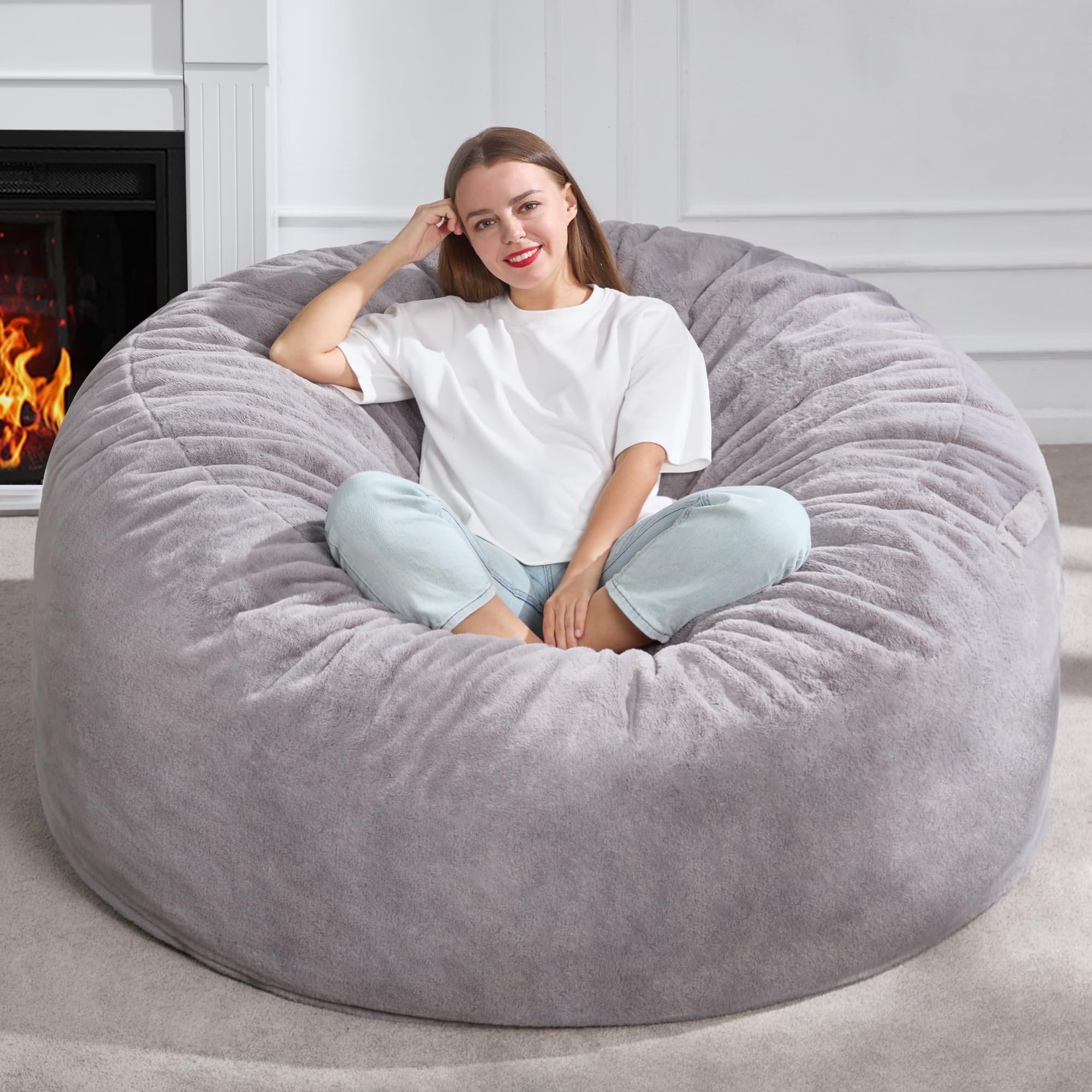 Photo 1 of Hobestluk 5ft Bean Bag Chairs for Adults Large Beanbag Chair with Plush Faux Fur Cover Big Bean Bag Chair for Living Room Bedroom Dorm Office - Grey (50” x 50” x 24”)