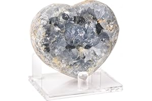 AMOYSTONE Celestite Crystals Heart Blue Geode Celestite Cluster Natural Celestite Stone Large Healing Crystal for Home Decor, Gifts with Plastic Stand 3.2"-3.6"