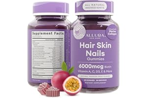 ALLURA HAIR Hair Skin and Nails Vitamins for Women – Extra Strength 6000mcg Biotin Hair Gummies with Marine Collagen, Vitamin E, A, C & PABA for Hair Growth, Healthy Skin & Nails – Made in US, Passion Fruit, 60ct