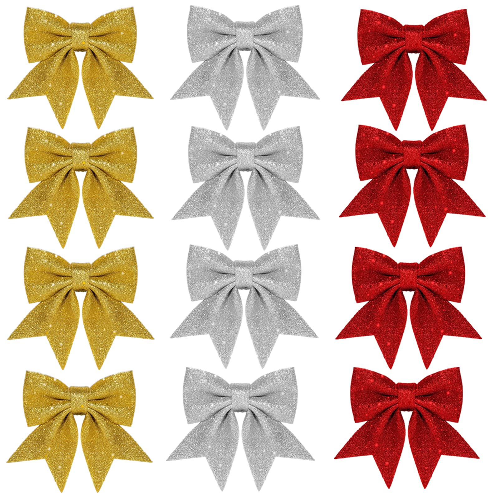 12P Silver Red Gold Bows for Xmas, Christmas Wreaths, Sequin Ornaments for Tree & Wreath Decorations