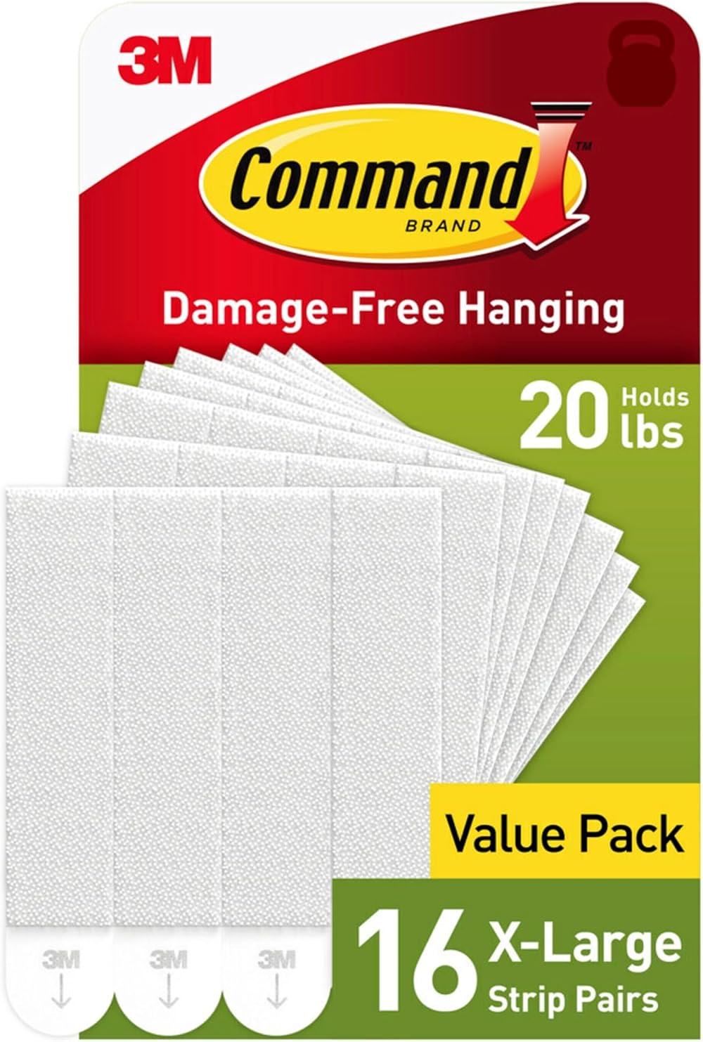 Command 20 lb X-Large Picture Hanging Strips, 16 Pairs, White, Heavy Duty,