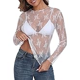 AYIFU Womens Lace Mesh Top Sheer Long Sleeve See Through Floral Mock Neck Blouse Tops