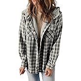 Dokotoo Womens Plaid Shacket Jacket Long Sleeve Button Down Fleece Hooded Jackets Warm Coat