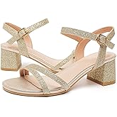 kkdom Women's Open Toe Ankle Strap Glitter Sandals Pumps Low Block Chunky Heels Wedding Dress Shoes