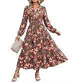 Women Long Sleeve Midi Dress, Boho Floral Casual Flowy A Line Dresses, Spring Elegant Classy Dress with Pocket