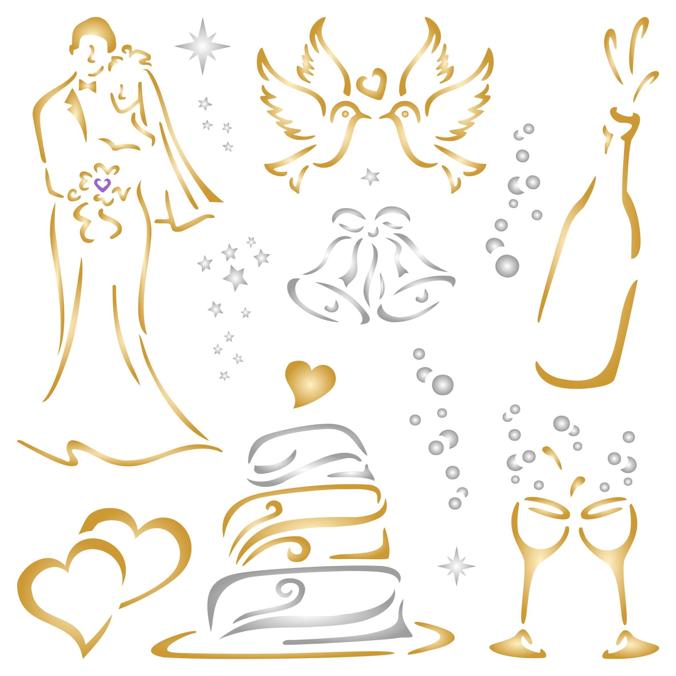 Wedding Stencil - 16.5 x 16.5cm (S) - Reusable Large Bride Groom Cake Champagne Doves Wall Stencil Template