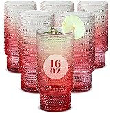 Cowjut 6pcs Hobnail Drinking Glasses Set, 16 oz Vintage Glassware Drinking Glasses, Gradual Red Water Glasses Tumbler, Christmas Gifts for Women