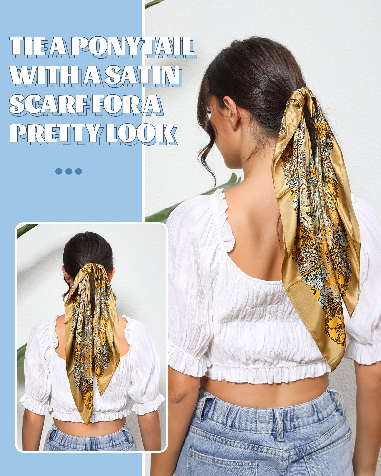 AWAYTR 35” Large Square Satin Head Scarf - 3Pcs Satin Hair Scarves Silk Bandana Scarf Headscarf Silk Feeling Scarf for Women