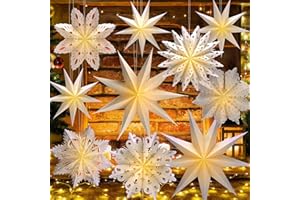 Leinuosen 10 Set Christmas Snowflake Paper Lantern Star Paper Lantern with 10 LED Lights Lamp Star Hanging Decor for Party Xmas Weddings New Year Birthday Celebration Decorations(White)