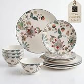 222 Fifth Perse 12-Piece Porcelain White Dinnerware Set | Microwave and Dishwasher Safe Big Dinner Plates and Bowls Sets for 4 | Stackable, Chip-Resistant Ceramic | Gifts for Housewarming &amp; Wedding