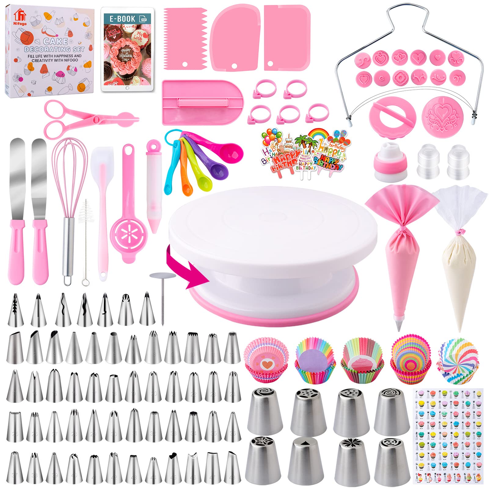Cake Decorating Supplies Kit Tools 356pcs, Nifogo Baking Accessories with Cake Turntable, Pastry Piping Bag, Piping Icing Tips for Beginners or Professional