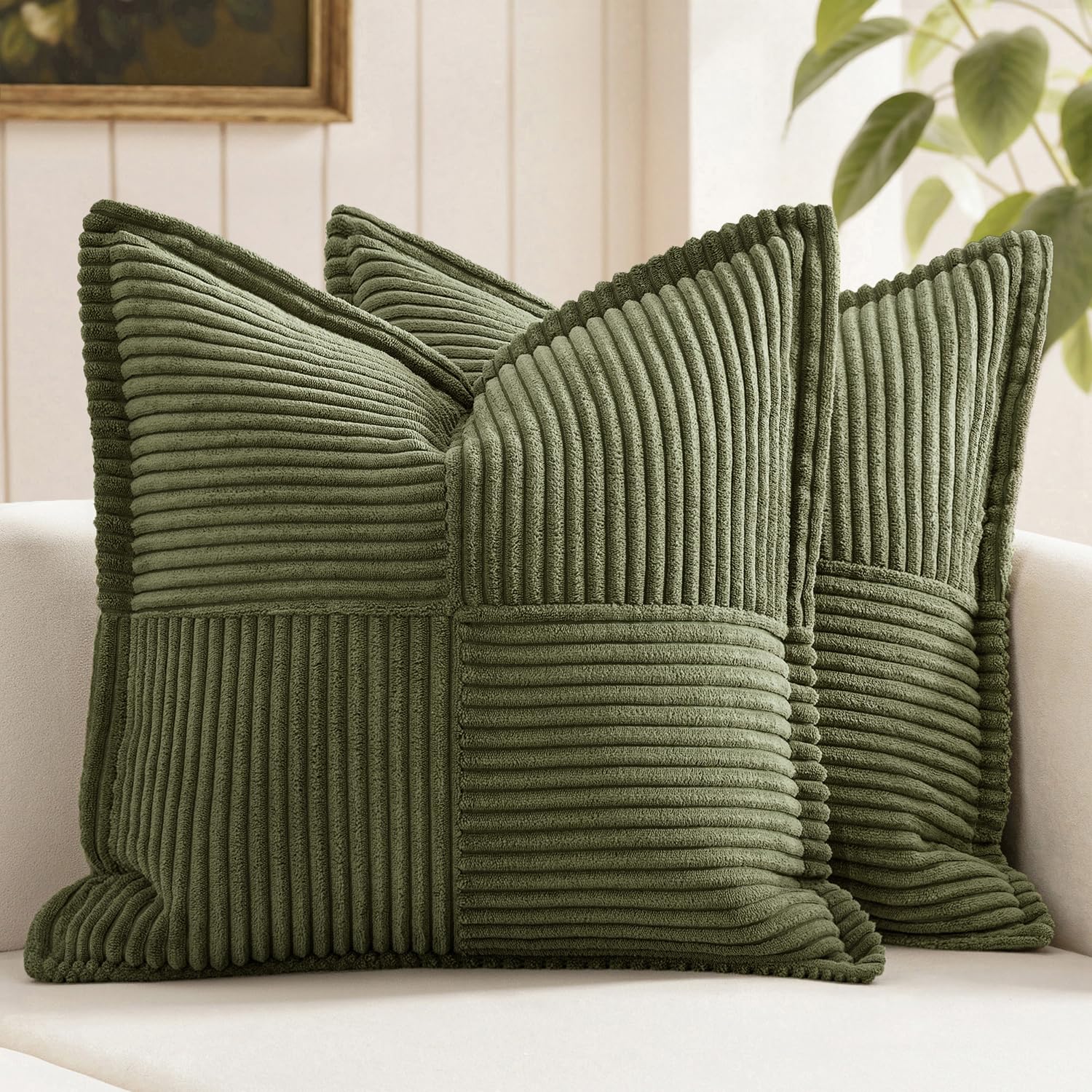 Photo 1 of MIULEE Decorative Throw Pillow Covers for Couch Bed Livingroom 18x18 Inch Set of 2 Olive Green Boho Accent Throw Pllows Broadside Striped Patchwork Soft Corduroy Summer Pillowcases