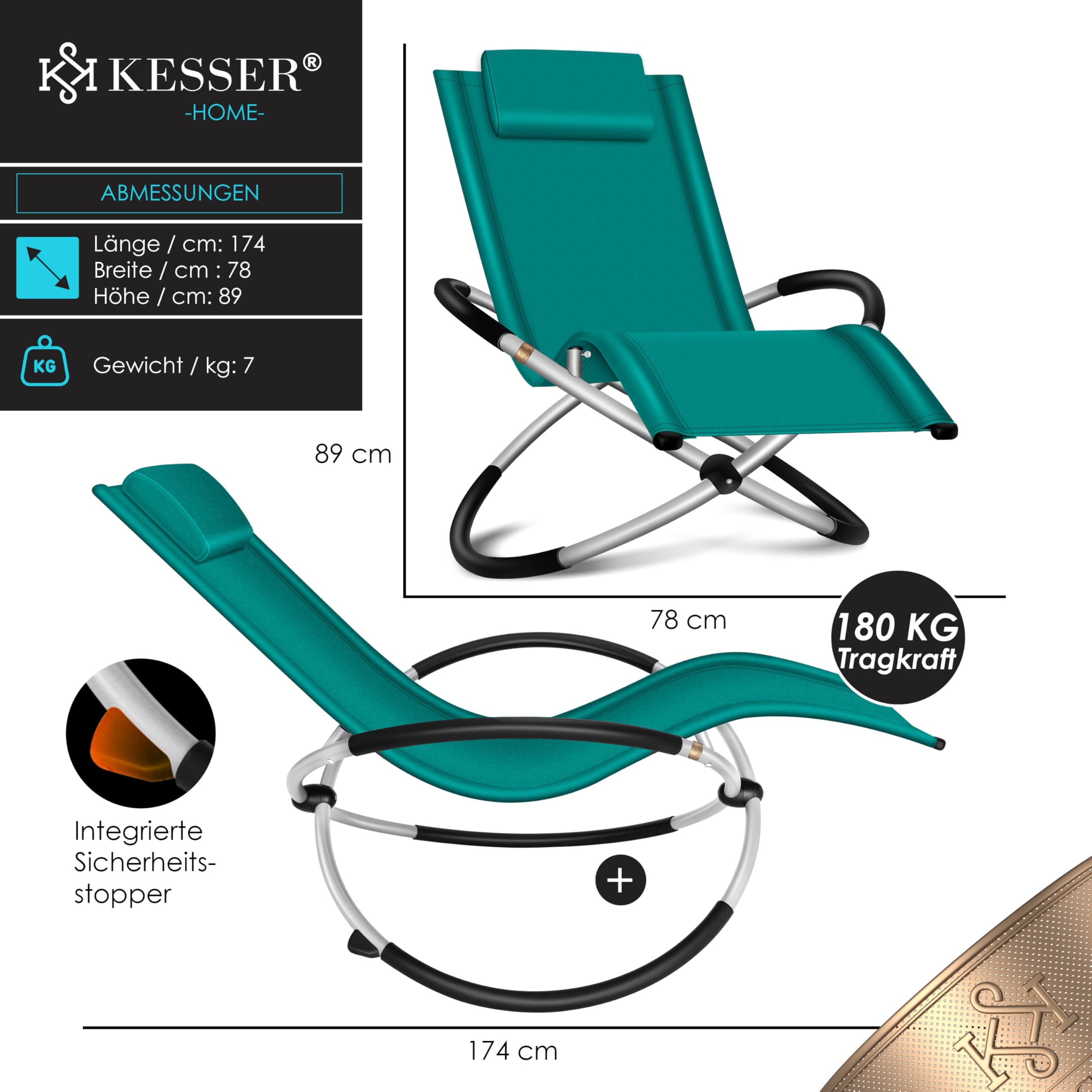 KESSER® Relaxliege Liegestuhl | Gartenliege Sonnenliege | Gartenstuhl | Klappstuhl faltbar | Schwungliege | Schaukelsessel | ergonomische Relaxsessel | wetterfest | 180 kg Belastung, Petrol Grün 7