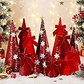 Soulchen 16 Pcs Red Christmas Velvet Trees Set Modern Christmas Velvet Cone Table Tree Centerpiece with Bows Winter Decoration Indoor for Xmas Mantel Entryway Tabletop, 12"/10"/6"/4"