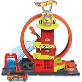Hot Wheels City Super Loop Fire Station Playset &amp; 1 Toy Car | Kid-Powered Elevator, Water-Like Ramp, Track-Play Features, Connects to Other Sets (Amazon Exclusive)