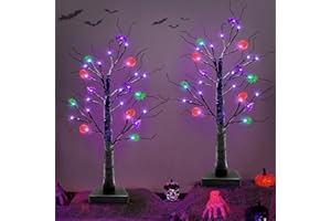 TURNMEON 2 Pack 24 Inch Light Up Halloween Tree Timer 48 LED Battery Operated Halloween Decorations Indoor with Pumpkins Spiders Bats Tabletop Artificial Black Spooky Tree Halloween Decor Home Holiday Party