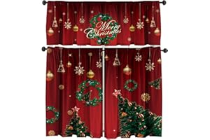 Cuteiush Christmas Valances Curtain Set - Red and Green Christmas Tree and Wreath Pattern, Rod Pocket 3 Panels for Kitchen Bedroom Bathroom Window Decor
