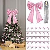 17x23 Inch Large Pink Bow for Christmas Tree Topper Christmas Tree Decoration Set: 24 Small Velvet Bows, 1 Pcs Big Tree Topper Bow, 3000 Strands of Tinsel Icicles for Holiday Decor (Pink)
