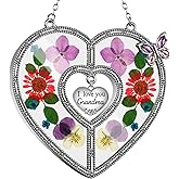 West style Heart Suncatcher Wind Chime with Butterfly Wing Pressed Real Flower Gifts for Grandma, Stained Glass with Hook and Heart Hang Tag, Birthday for Grandmother (Grandma)