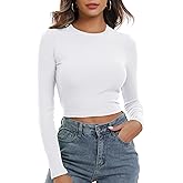 Artfish Women's Round Neck Long Sleeve Knit Ribbed Fitted Crop Top Casual Basic Shirts