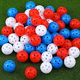 Nimbus Verse 120 Pcs Practice Golf Balls with Holes Red White and Blue Balls Patriotic Plastic Table Tennis Baseballs 1.6" for Independence Day Decorations Perforated Limited Flight Plastic Golf