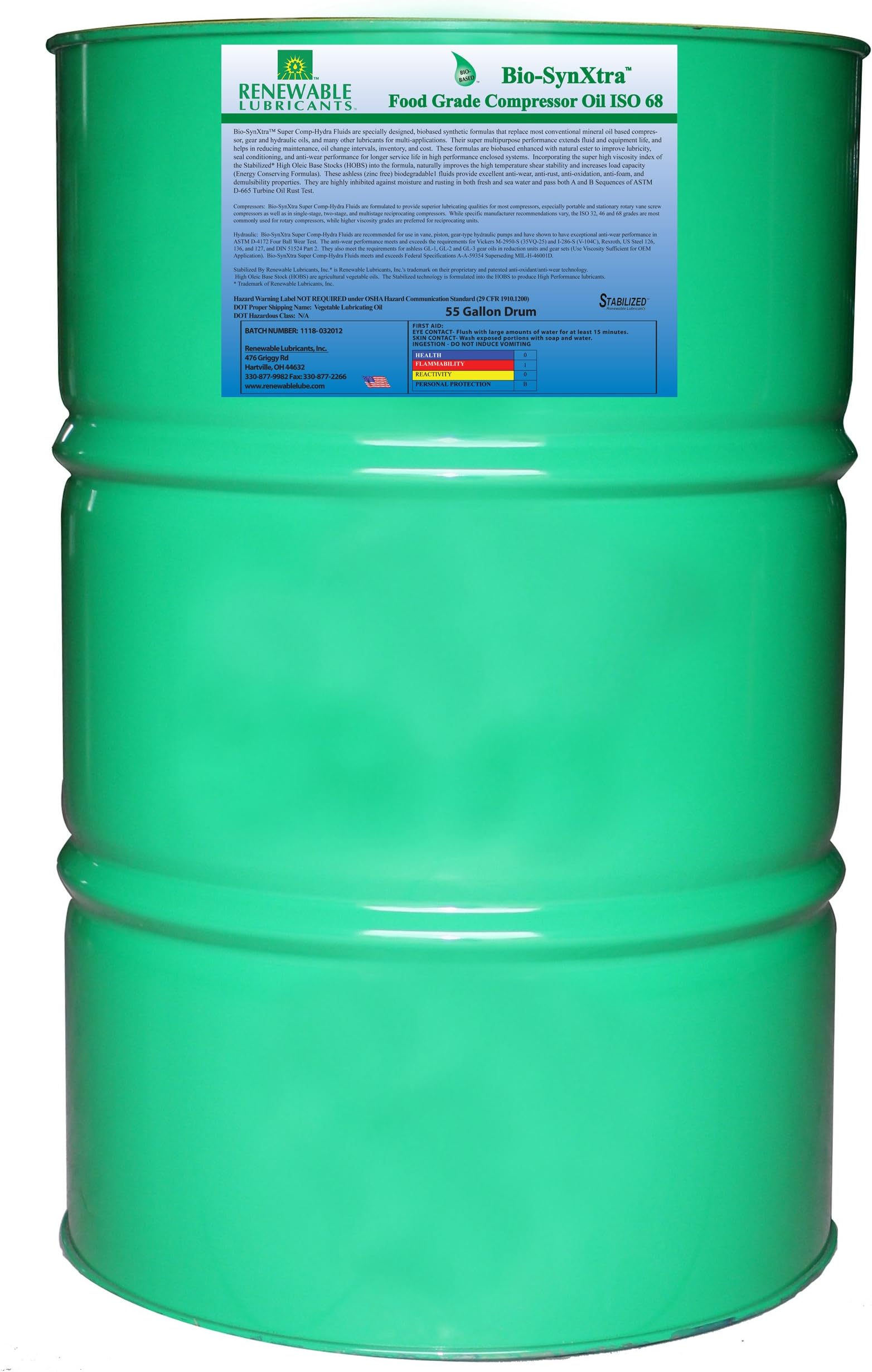 Renewable Lubricants Bio-SynXtra Food Grade ISO 68 Compressor Oil, 55 Gallon Drum