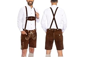 BAVARIA TRACHTEN Lederhosen Men - Genuine Leather Authentic German Lederhosen for Men, Oktoberfest Outfit - Short Dark Brown