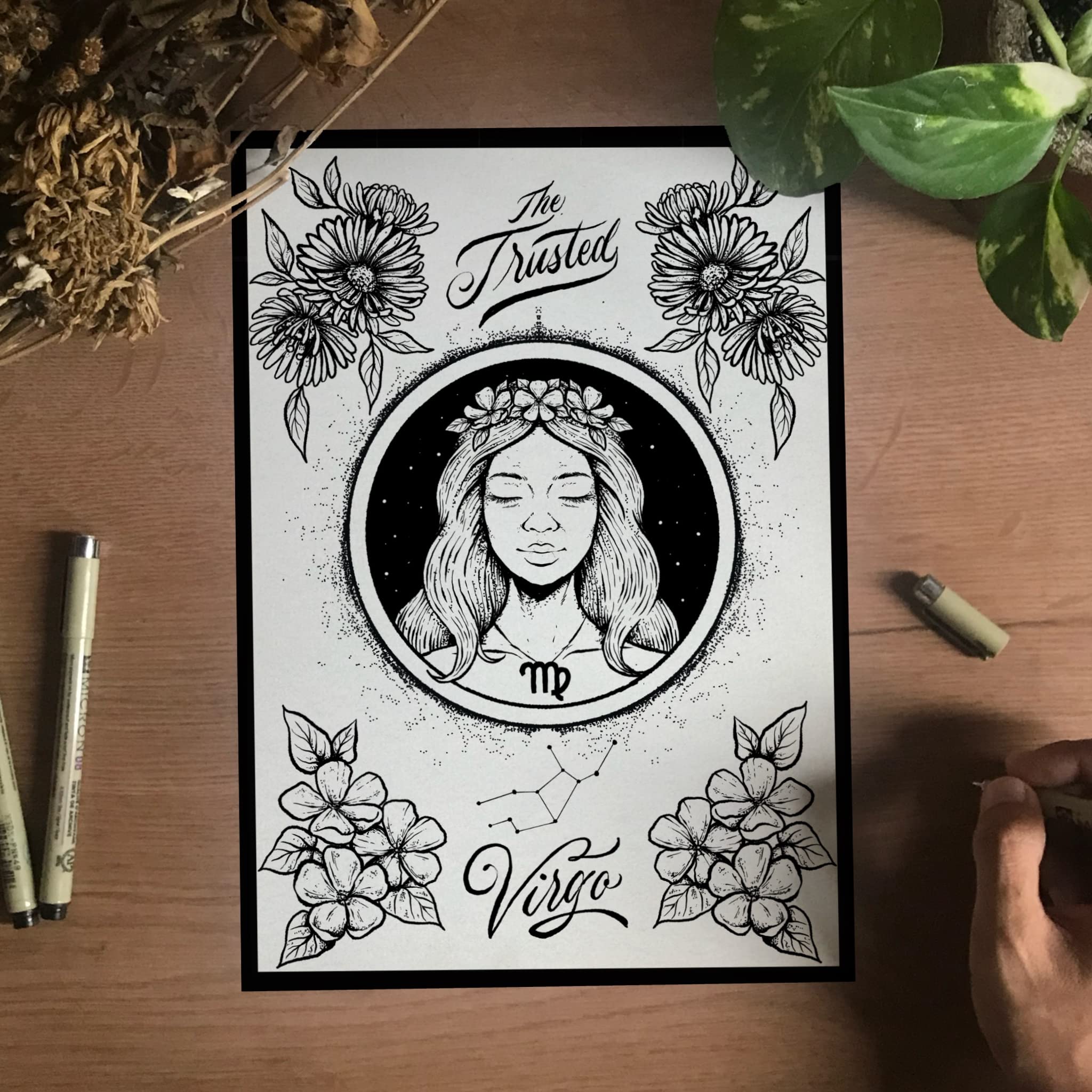 Hand-Drawn Dot Art Zodiac Star Sign Print Greeting Card Astrology Poster Wall Art Horoscope Gift Present (Virgo, A4 Size Poster)