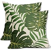 Tropical Green Leaves Pillow Covers 18x18 Inch Set of 2 Modern Botanical Palm Leaf Decorative Outdoor Throw Pillows Summer Decorations Pillow Case Linen Square Cushion Cover Decor for Sofa Couch Bed