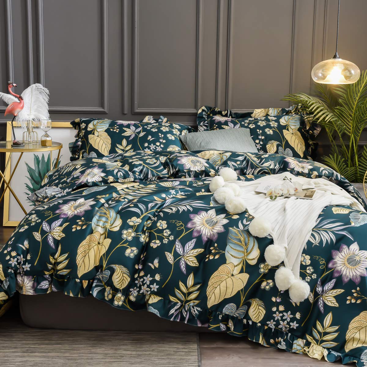 Softta Vintage Queen Size Bedding Set Luxury Ruffle 3Pcs Duvet Cover Set Pastoral Tropical Plam Leaves Shabby Floral Girls Teal Colorful 100% Egyptian Cotton Hidden Zipper Closure Green