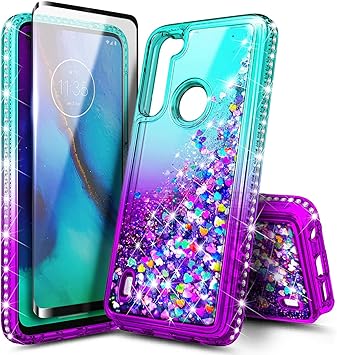Amazon Com E Began Carcasa Para Motorola Moto G8 Power Lite Con Protector De Pantalla De Cristal Templado Cobertura Completa Diseno De Arena Flotante Liquida Con Brillantes Color Azul Y Morado Electronics