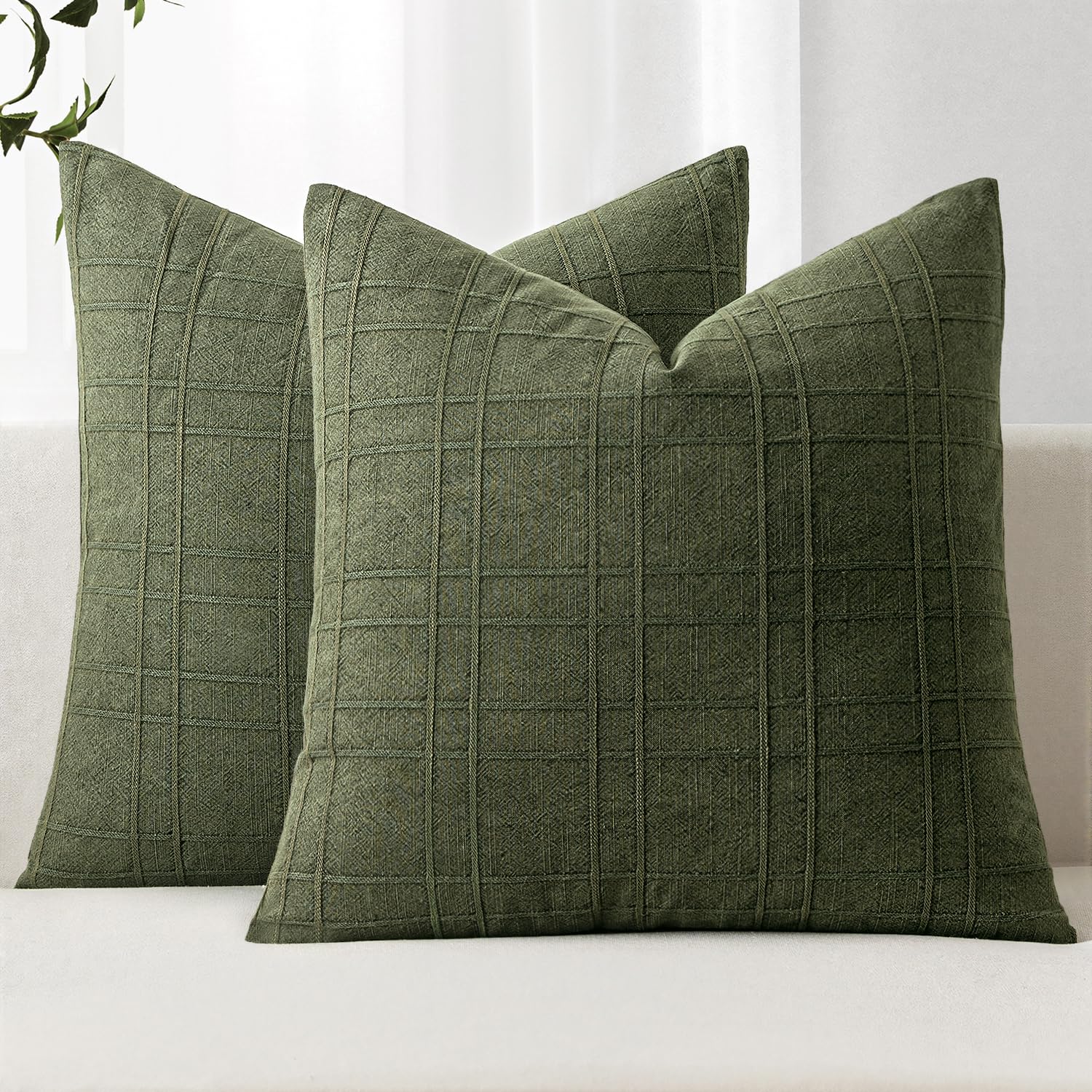 Photo 1 of MIULEE Decorative Linen Check Throw Pillow Covers Neutral Farmhouse Vintage Pillow Covers 20x20 Inch Set of 2 Boho Modern Home Decor for Sofa Couch Bedroom Cushion Chair Dark Olive Green