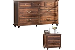 Joaxswe Farmhouse Dresser and Nightstand Sets, Wooden 7 Drawers Dresser & 24" Night Stand with 3 Drawers, 2 Piece Bedroom Furniture Set, Chest of Drawers for Bedroom, Home, Living Room, Hallway