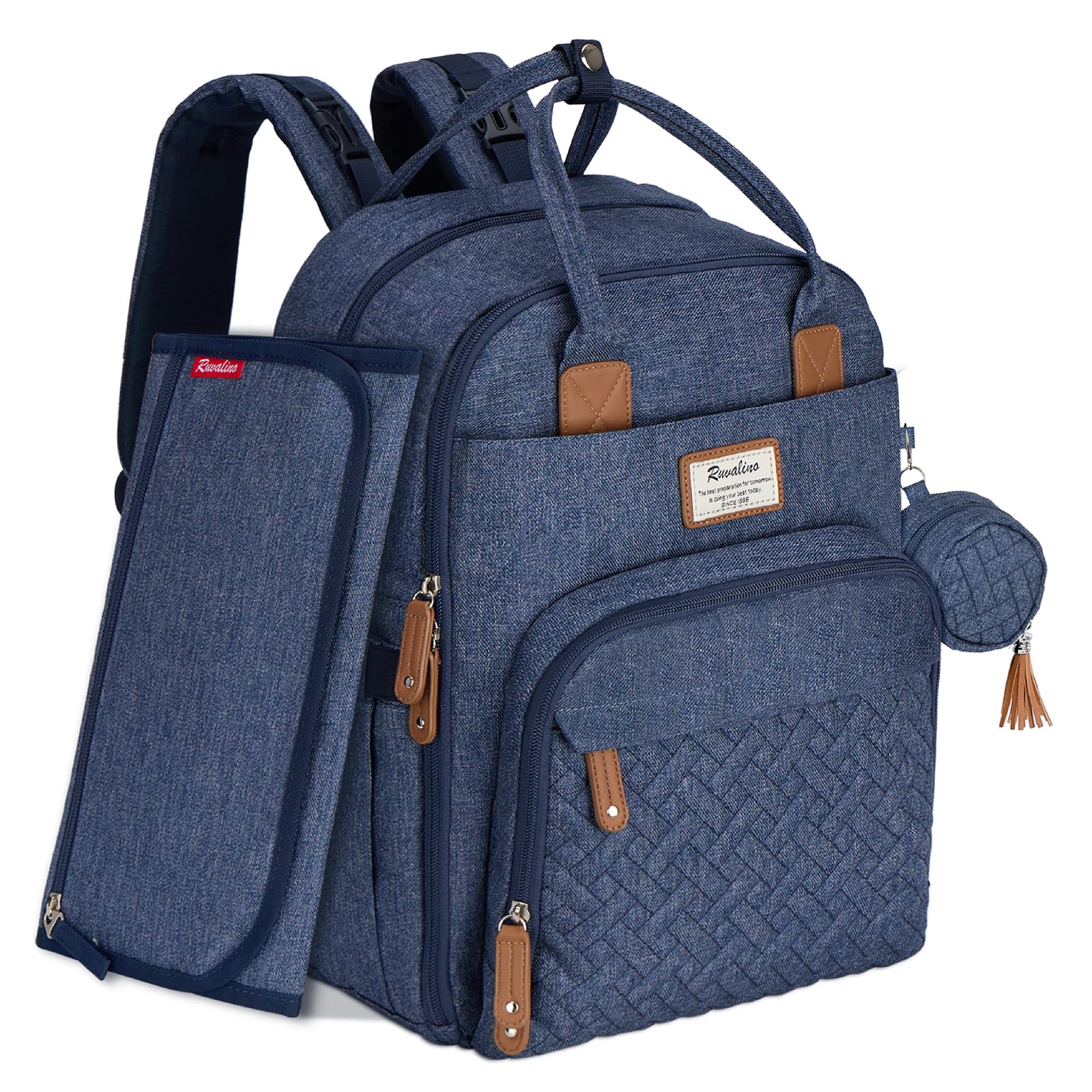 RUVALINO Baby Changing Bag Backpack, Neutral All-in-One Baby Bags for, Multifunction Large Travel Backpack with Portable Changing Pad, Stroller Straps, Pacifier Case and Insulated Pockets, Navy Blue