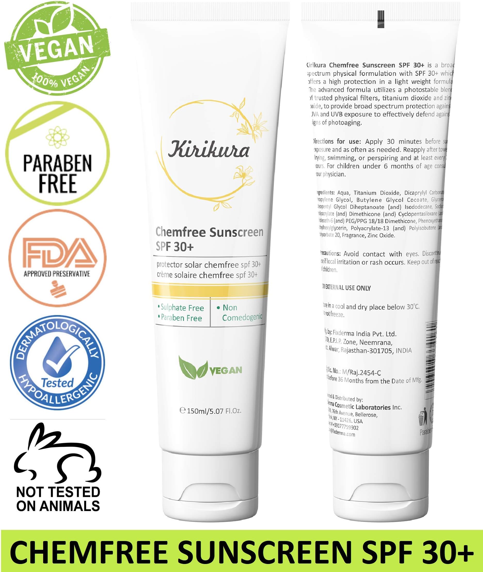 KIRIKURA Vegan Chemfree Sunscreen Broad Spectrum, UVA/UVB, SPF 30, Oil Free, Light weight, fast absorbing.