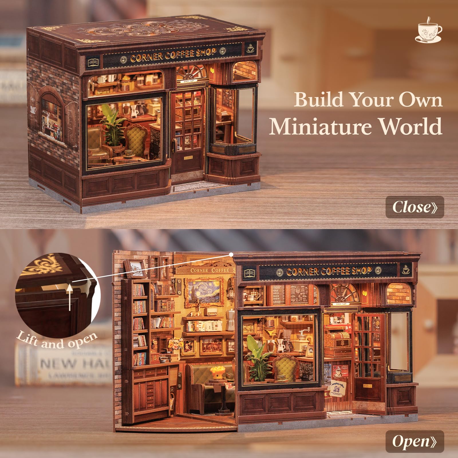 Fsolis DIY Book Nook Bausatz & Puppenhaus Miniatur Kreativgeschenk für Erwachsene & Jugendliche, Magische 3D Holz Deko mit beleuchtetem Puppenhaus für Bücherregale(Corner Coffee Shop) 4