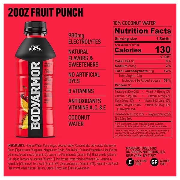 BODYARMOR SPORTS DRINK SPORTS BEVERAGE, FRUIT PUNCH, COCONUT WATER HYDRATION, NATURAL FLAVORS WITH VITAMINS, POTASSIUM-PACKED ELECTROLYTES, PERFECT FOR ATHLETES, 20 FL OZ (PACK OF 6)