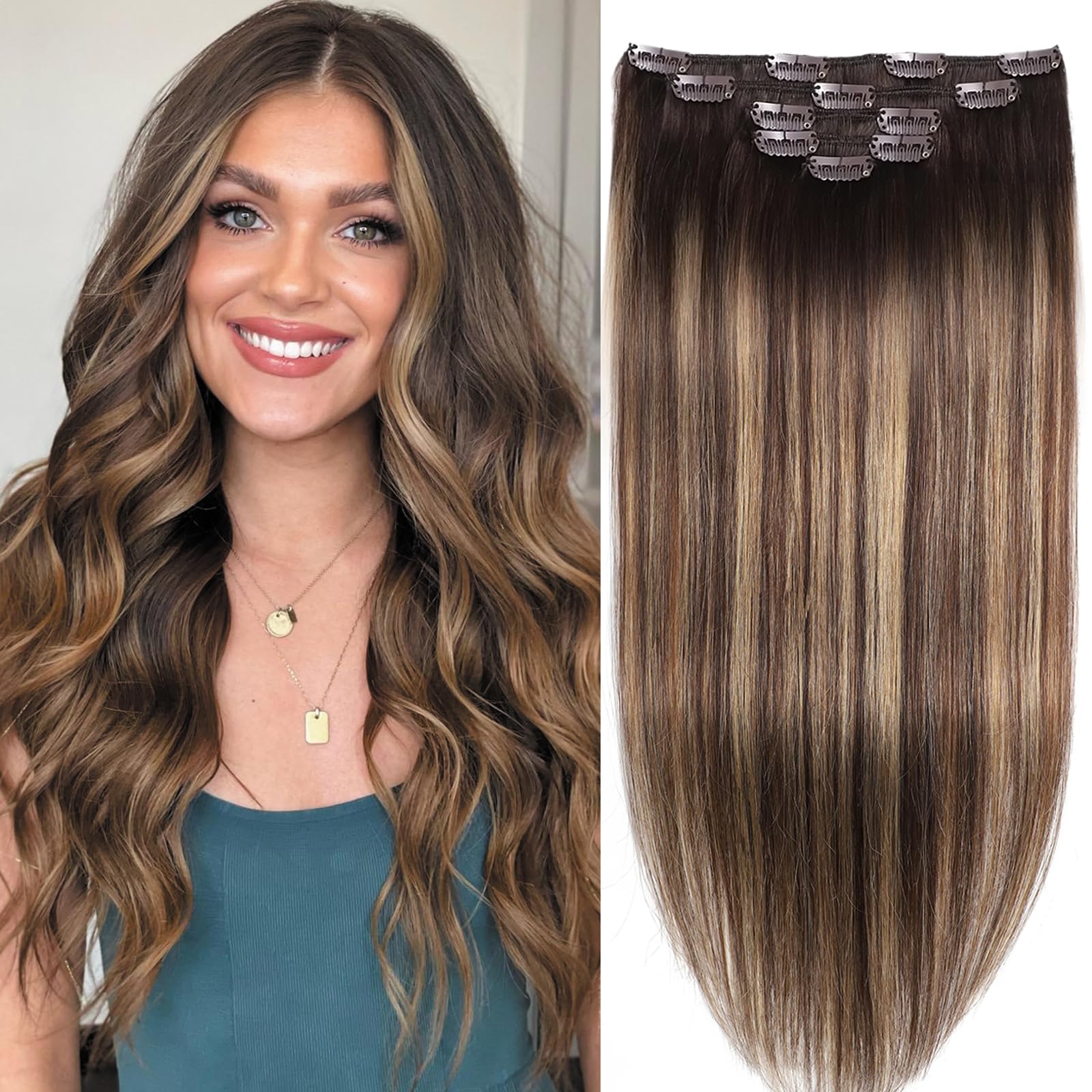 Photo 1 of ***(ONE PIECE/ STOCK PHOTO FOR REFERENCE ONLY)***Hair Extensions Real Human Hair Clip in Hair Extensions Straight Remy Human Hair Extensions Clip ins Chocolate Brown to Caramel Blonde Clip in Extensions for Women Double Weft 16 Inch 1pc