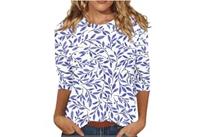 FONMA 3/4 Sleeve Tops for Women Casual Floral Printed Crewneck T Shirts Loose Fit Solid Three Quarter Length Tunic Top